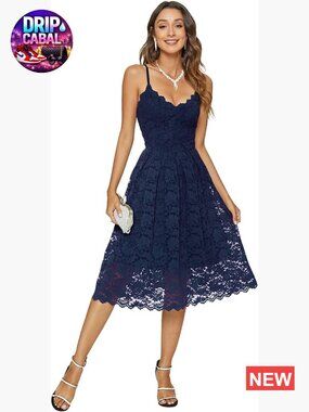 Lace Floral Overlay V Neck Sleeveless Cocktail Swing Dress